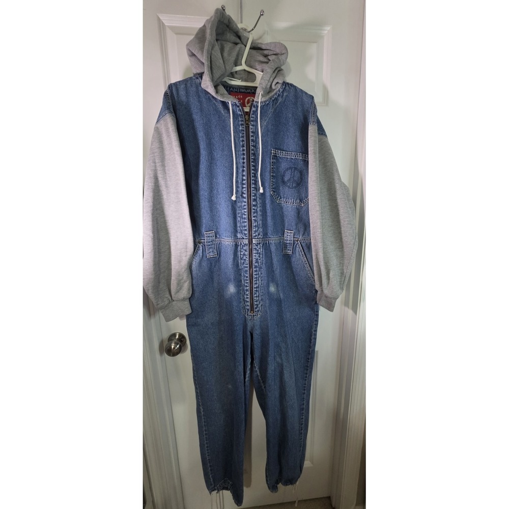 Peace Love Joy Harmony Denim Hooded Coveralls Jumpsuit Gray Sweatshirt Y2K